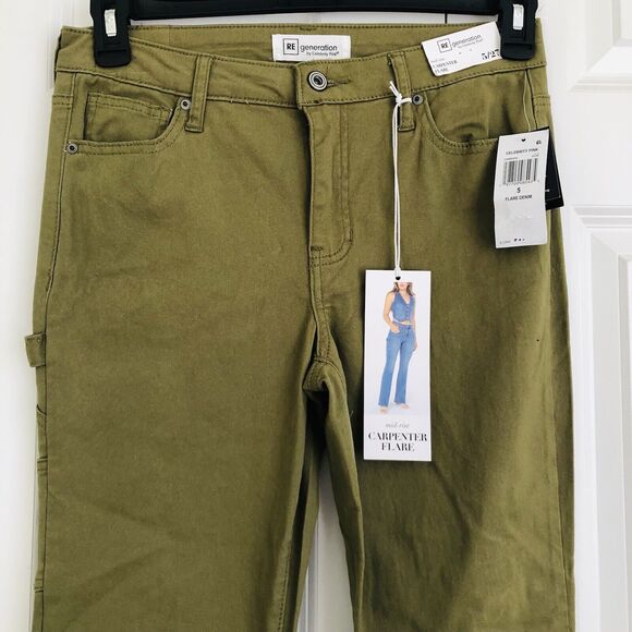 RE GENERATION WOMEN'S JEANS CARPENTER FLARE MID RISE GREEN DEMIN SIZE 7/28  172 - Picture 8 of 11